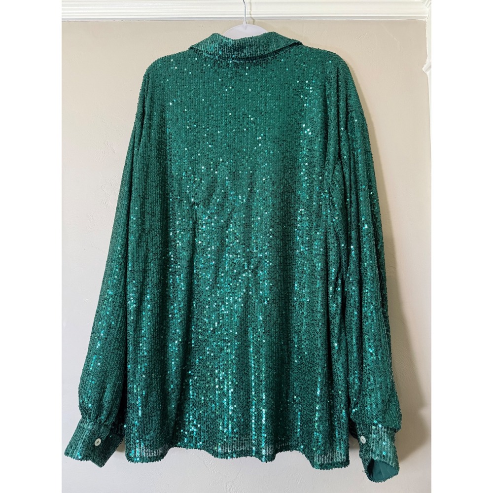 BIBI Emerald Green Sequin Button Down Shirt Long Sleeve Top XL Holiday Top - Picture 8 of 10